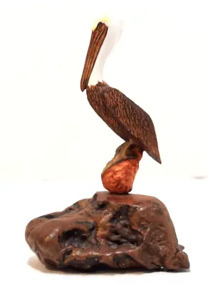JOHN PERRY 4.5  Hand-painted Pelican Bird Sculpture Figure On Burl Wood Base • $19.19