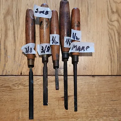 5 Vintage  Bevelled Edged Wood Chisels. 1 X 3/8 Sorby 1 X 1/4 Marple 3 Others • £10