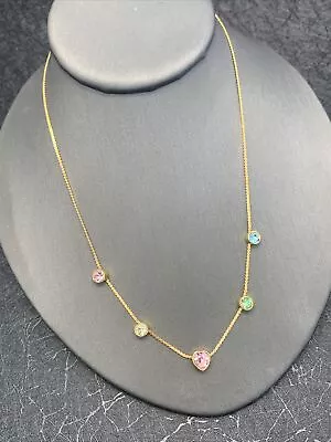 Vintage Delicate Pastel  Crystal Station Necklace 18” Bright Gold Heart Round • $20