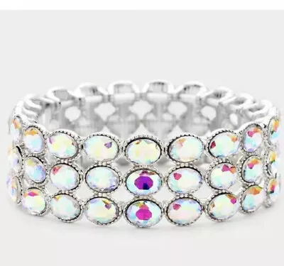 Ab Silver Stretch Rhinestone Crystal Pageant Evening Clear Bracelet Prom • $16