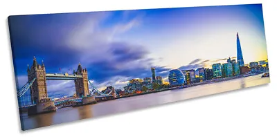 London City Skyline River Print PANORAMA CANVAS WALL ART Picture Blue • £39.99