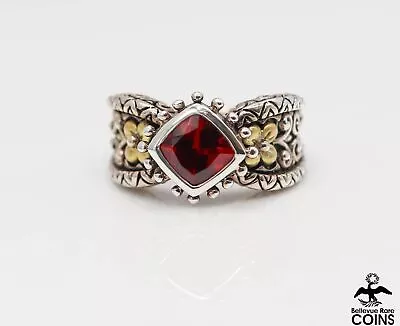 BARBARA BIXBY 18k Yellow Gold Sterling Silver Red Garnet Floral Art Nouveau Ring • $72