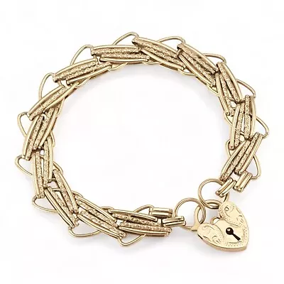 VINTAGE Solid 9K 375 Yellow Gold Ornate Fancy Heart Padlock Gate Bracelet 14g • $650