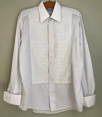 Vintage Bonart White Embroidered Dress Shirt 16  Collar Medium Made In England • £25