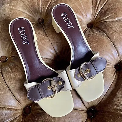 Franco Sarto Women's Yellow Leather Open Toe Slides Buckle Heel Mules Size 9. • $20.62