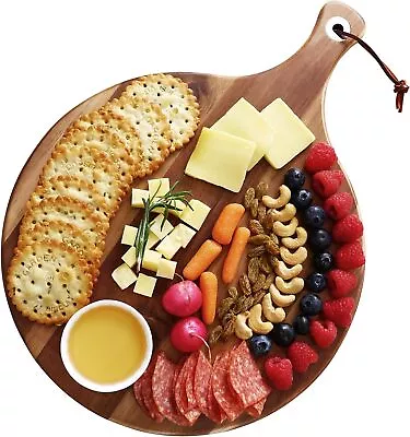 Acacia Wood Large Cheese Board12in Round Charcuterie Board With Paddle Handle • £14.99