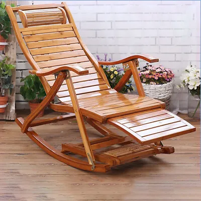 Folding Bamboo Recliner Rocking Chair Sofa Lounger Wide Seat Outdoor Indoor • $139.99