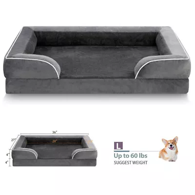 Large Dog Bed Orthopedic Foam 3+1/2Side Bolster Gray Pet Sofa W/ Removable Cover • $25.99