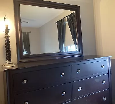 Dresser Chest Of 6 Drawers & Matching Mirror Dark Finish Solid Wood Large Used • $125