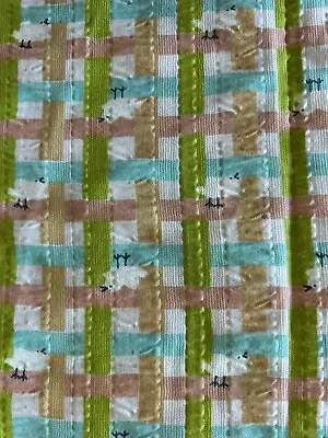 Vtg 1970s Seersucker Tweedy Bird Fabric Green Peach White Stripes 45”x120” • $44.90