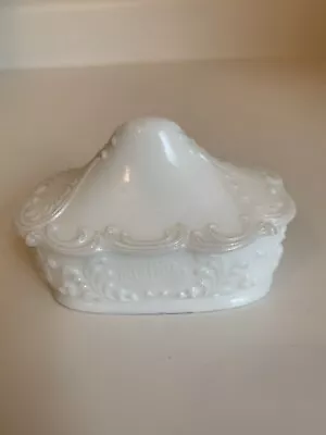 Vtg Art Nouveau Milk Glass Rectangular Heart Trim Trinket Dresser Box Domed Lid • $18
