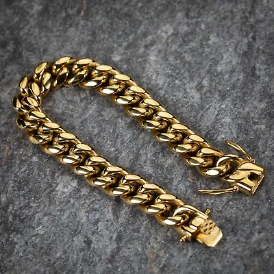 Men's Heavy Gold Plated Stainless Steel Hip Hop Miami Cuban Link Bracelet • $29.99