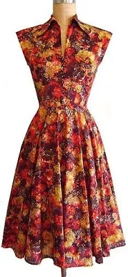 £90 • Buy Trashy Diva Warm Watercolours Day Dress Xs Vintage Floral Pinup Swing Red 1950s