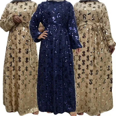 Muslim Sequins Women Kaftan Long Sleeve Maxi Dress Moroccan Abaya Ramadan Caftan • $58.23