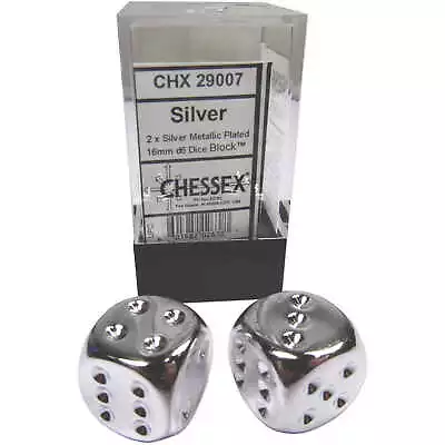 Pair Of Chessex Silver Metallic Plated 16mm D6 Six Sided Dice Block CHX 29007 • $14.99