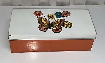 VINTAGE METAL TIN RECIPE BOX Orange 70’s Flowers & Butterfly Rectangle • $11.65