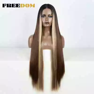 Straight Synthetic Lace Front Wig 38 Inch Ombre Brown Red Hightlight Cosplay Wig • $52.16