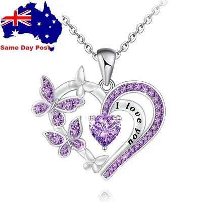 Love Heart Crystal CZ Pendant Necklace   I Love You   Silver Chain Valentine Day • $7.61