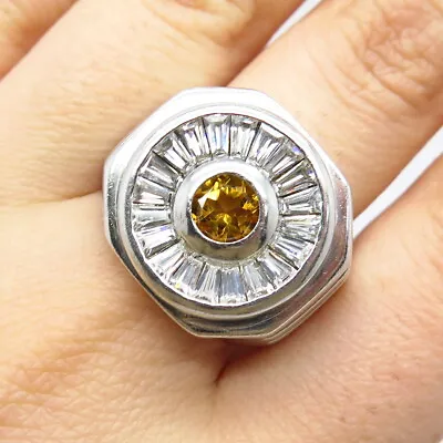 925 Sterling Silver Vintage Real Citrine Gemstone & C Z Wide Ring Size 9.75 • $70.99