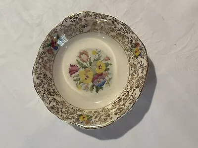 Vintage H&k Tunstall Small Dish/bowl With Cross Stitch Pattern Flowers & Gold • $15
