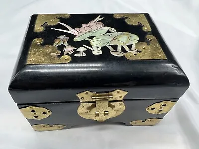 Jewelry Box Handmade Black Lacquer Mother Pearl Brass Silk Gold Floral Asian VTG • $39