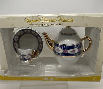 Classic Treasures Imperial Porcelain Mini Teapot Cup And Saucer Set White &Blue • $12