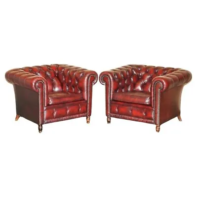 Pair Of Vintage Oxblood Leather Chesterfield Club Armchairs With Elegant Legs • £3950