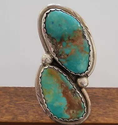 OLD PAWN Vintage Boulder GREEN BIG 2 Stone Turquoise STERLING Navajo Ring S 10.5 • $56