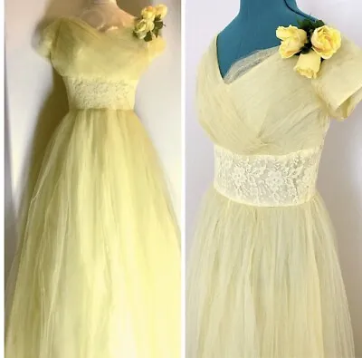Stunning Yellow Vintage Tulle Empire Waist Ballgown Formal Gown M • $120