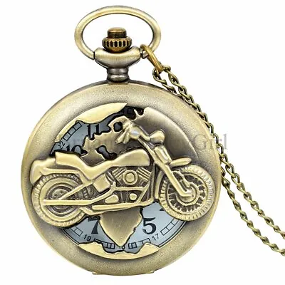 Vintage Bronze Tone Motorcycle Quartz Pocket Watch Biker Necklace Father's Gift • $9.89