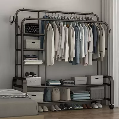 Heavy Duty Metal Double Rail Clothes Garment Hanging Rack Shelf Display Stand • £9.95