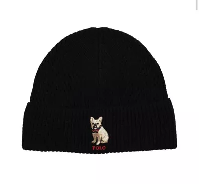 MSRP $58 MENS ONE SIZE  Polo Ralph Lauren French Bulldog Black Ribbed Beanie • $50