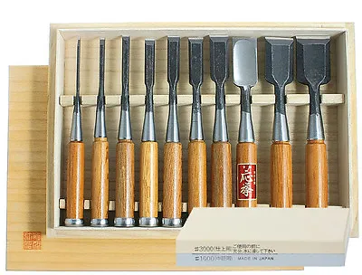 Japanese Hattori Carpenters Chisels 10pc Set In Wooden Box DT710016 FREE STONE • £240