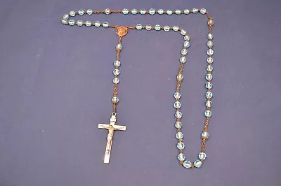 Vintage Catholic Cross Jesus Crucifix Rosary W/ Blue Glass BeadsSilver Tone • $5.95