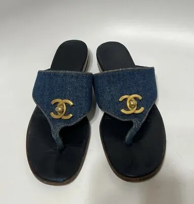 Vtg Chanel Blue Denim Cc Logo Sandals 37 • £459.13