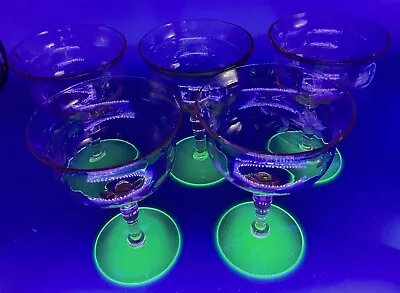 Set Of Five (5) Vintage Uranium Glass Base Watermelon Stemmed Etched Sherbets • $49.95