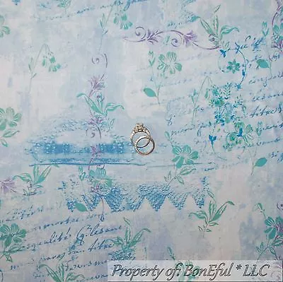 BonEful Fabric FQ Cotton Quilt VTG Blue Toile Flower Garden French Country Words • $4.72