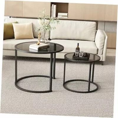Nesting Coffee Table Set Of 2 Modern Tempered Glass Side Table Metal Black • $188.17