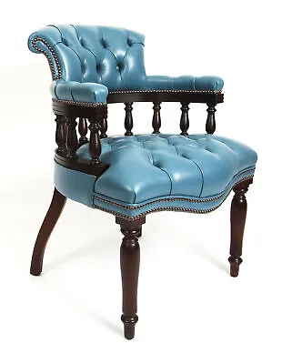 Bespoke English Hand Made Leather Captains Desk Chair Blue Teal • £1695