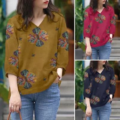 8-24 Women V Neck Crochet Printed Tops Shirts Casual Baggy Top T Shirts Blouse • $22.21