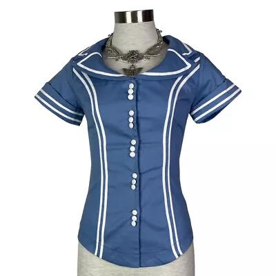 Voodoo Vixen Retro Vintage Look Blue Short Sleeve Flight Attendant Top Shirt • $15.39