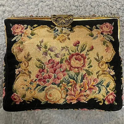 VTG Petit Point Purse Womens Handbag Black Floral Ornate Gems Foldover Frame • $62.87