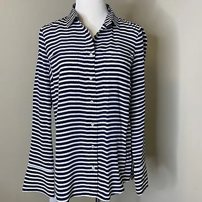 The Boy Shirt By J Crew 100% Silk White Blue Striped Button Front Women’s 2 • $39.88