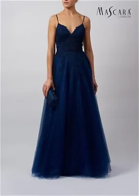 Mascara Mc11945 Size 8 Navy Blue Evening Dress Sparkle Lace Applique BNWT • £249.99