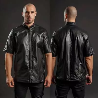 Men Black Leather Padded Half Sleeve Shirt Genuine Lambskin Leather Jacket • $109.69