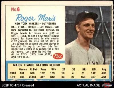 1962 Post Cereal #6 Roger Maris Post Ad Yankees VARIATION 3 - VG • $7.50