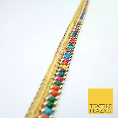 Multicolour Colourful Pearl Beaded Gold Ribbon Trim Border Lace - 2cm Wide X576 • £3.75