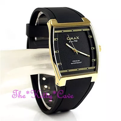 OMAX Thin Black & Gold Sporty Seiko Movt Tonneau Unisex Watch 4 Yr Warranty D006 • £24.99