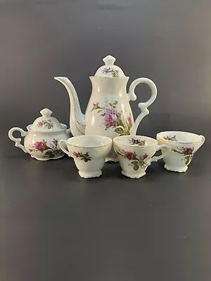 TEA SET CHILD'S MOSS ROSE 5 PIECE SET Coffeepot SUGAR Bowl And 3 CUPS • $29.99