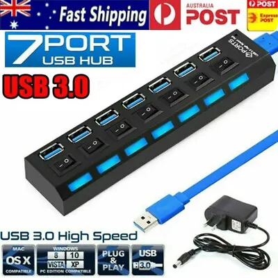 $18.38 • Buy High Speed 7 Ports USB Hub 3.0 Powered Splitter Extender Cable On/Off Switch 12V